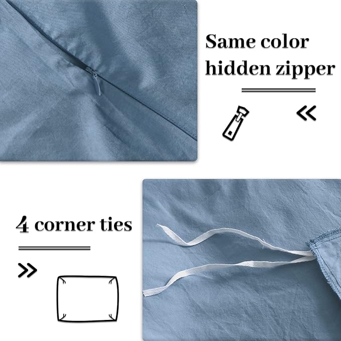 NEXHOME PRO Duvet Cover Set 100% Washed Cotton California Kingn 104"x98", Organic Natural Linen Look Textured 3 Pieces Bedding Set Blue with Zipper Closure & Corner Ties, Breathable (No Comforter)