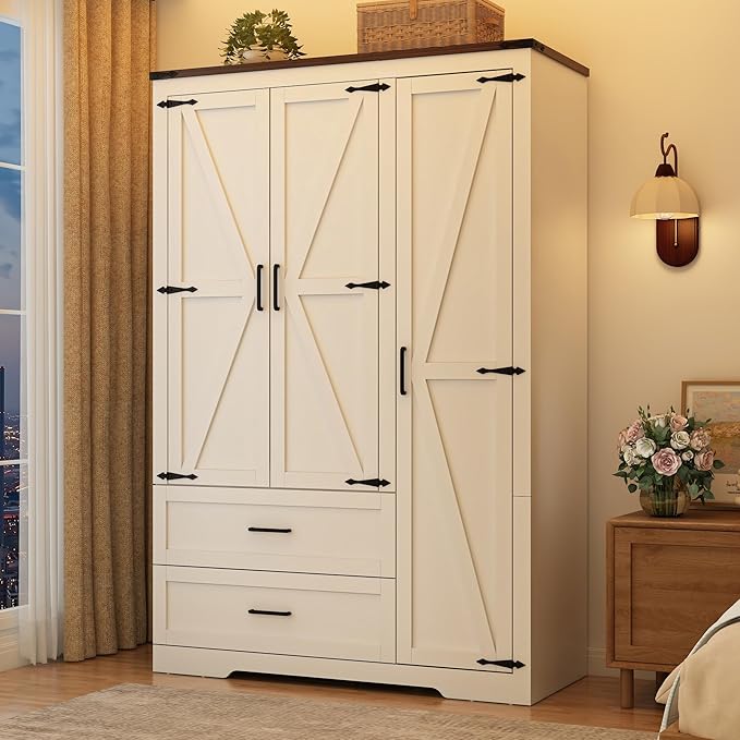 St.Mandyu Farmhouse Wardrobe Armoire Closet with 3 Doors and 2 Drawers, 70.1" Wooden Clothing Storage Cabinet, Freestanding Large Capacity Storage Wardrobe Armoire with Hanging Rod for Bedroom, White