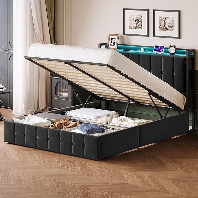 Garvee Queen Size Lift Up Storage Bed with LED Lights, Upholstered Velvet Bed Frame with Storage Headboard & Charging Station, Metal Platform Bed, No Box Spring Needed, Solid Wooden Slats, Black