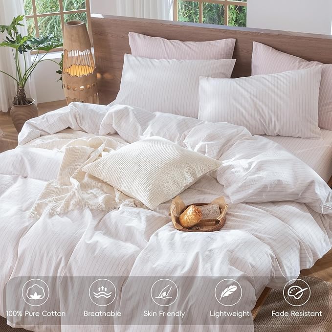 MooMee Striped Duvet Cover Set 100% Washed Cotton Linen Like Textured Breathable Durable Soft Comfy (White Heathered Greyish Pink Wide Stripes, King 104"x90")