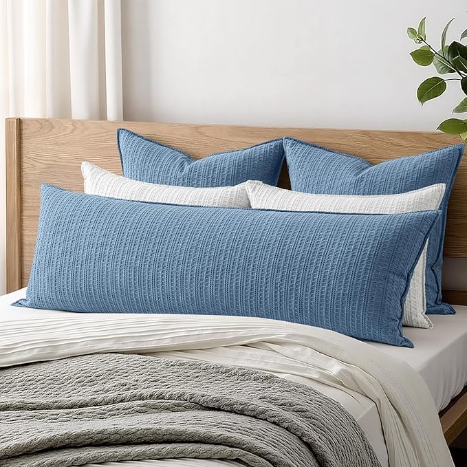 100% Cotton Waffle Weave Body Pillowcase, 1 Pack 20x54 Decorative Body Pillow Cover for Bed Couch Sofa, Neutral Coastal Long Cushion Sham Modern Farmhouse Home Decor, Blue