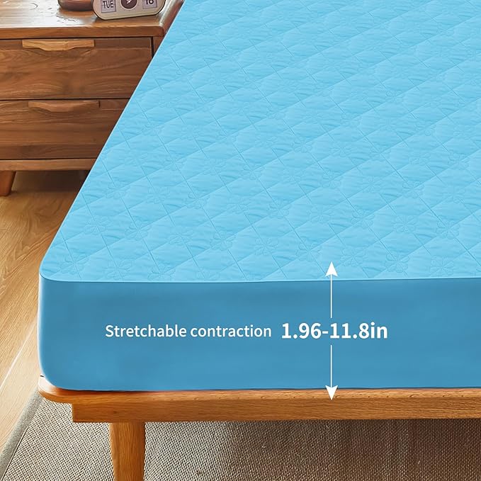 Waterproof Mattress Protector, Noiseless Twin Size Mattress Pad with Deep Pocket Fitted Up to 6-12 inches, Soft Breathable Bed Mattress Cover Washable for Bedroom, Hotel(1, Blue, Twin)