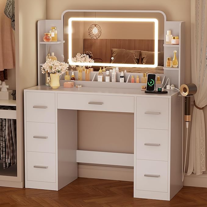 YESHOMY 43.3''Vanity Desk with LED Mirror & Power Outlet, 7 Drawer Makeup Vanity with Side Shelves, Lighted Dressing Table for Bedroom(White