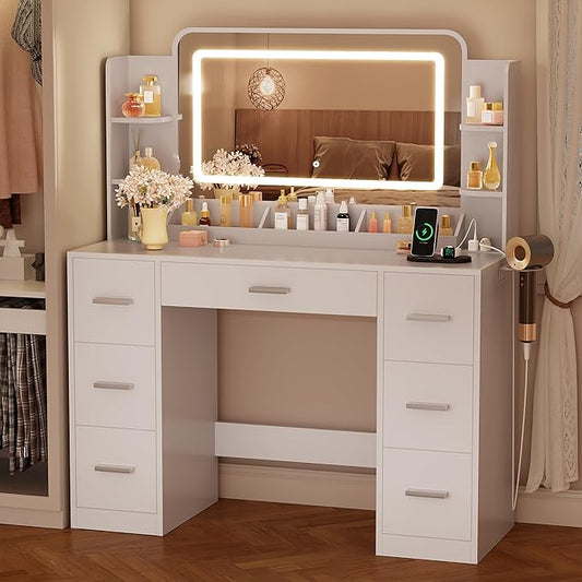 YESHOMY 43.3''Vanity Desk with LED Mirror & Power Outlet, 7 Drawer Makeup Vanity with Side Shelves, Lighted Dressing Table for Bedroom(White