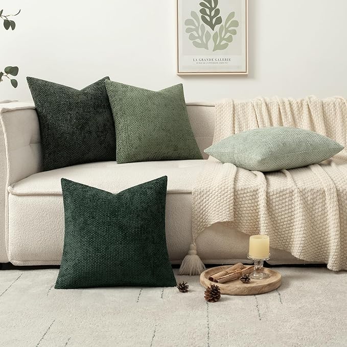 MIULEE Pack of 4 Couch Throw Pillow Covers 22x22 Inch Green Soft Decorative Chenille Pillow Covers Farmhouse Accent Cushion Covers for Boho Spring Home Decor Sofa Bedroom Living Room
