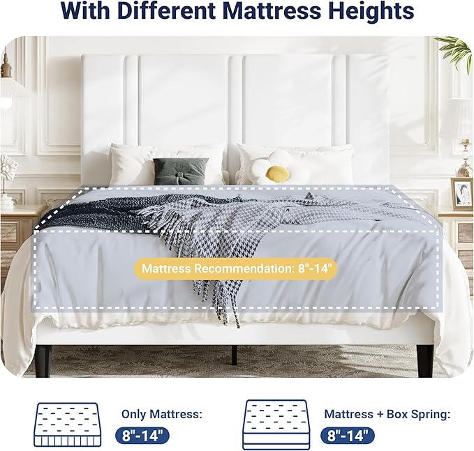 Allewie Queen Platform Bed Frame with Adjustable Headboard, Plush Velvet Upholstered, Vertical Channel Tufted, Sturdy Wooden Slats, No Box Spring Needed, Easy Assembly, White