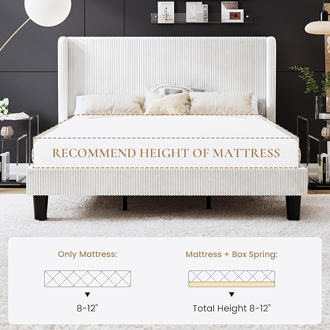 SHA CERLIN King Size Corduroy Upholstered Platform Bed Frame with Vertical Channel Tufted Wingback Headboard, 8" Under Bed Storage, Wooden Slats & Metal Frame Support, Easy Assembly, White