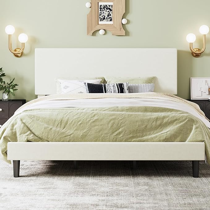 SHA CERLIN King Size Platform Bed Frame with Adjustable Headboard and Wooden Slats Support, Velvet Upholstered Mattress Foundation, No Box Spring Needed, Easy Assembly, Soft Cream