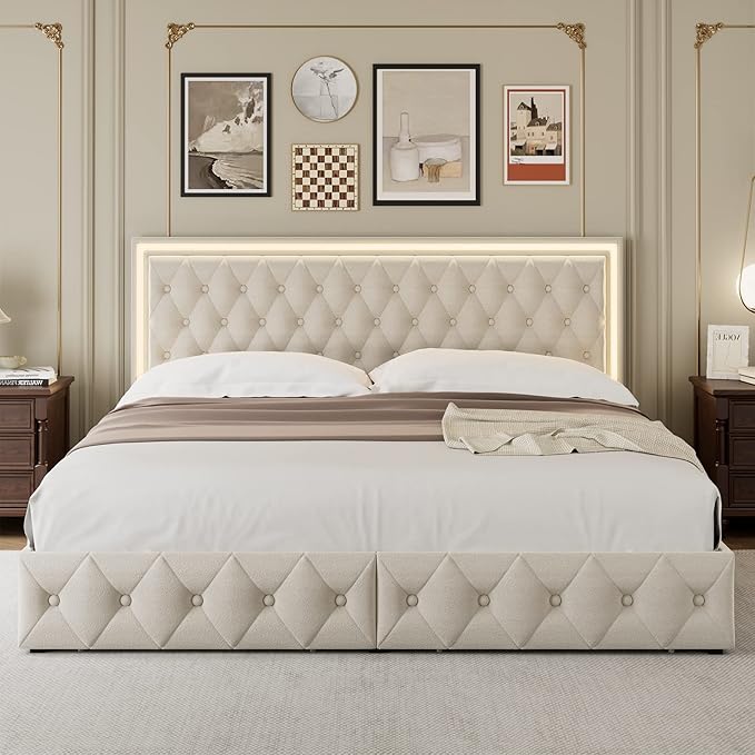 Keyluv Full Upholstered LED Bed Frame with 4 Drawers, Velvet Platform Storage Bed with Adjustable Button Tufted Headboard and Solid Wooden Slats Support, No Box Spring Needed, Beige