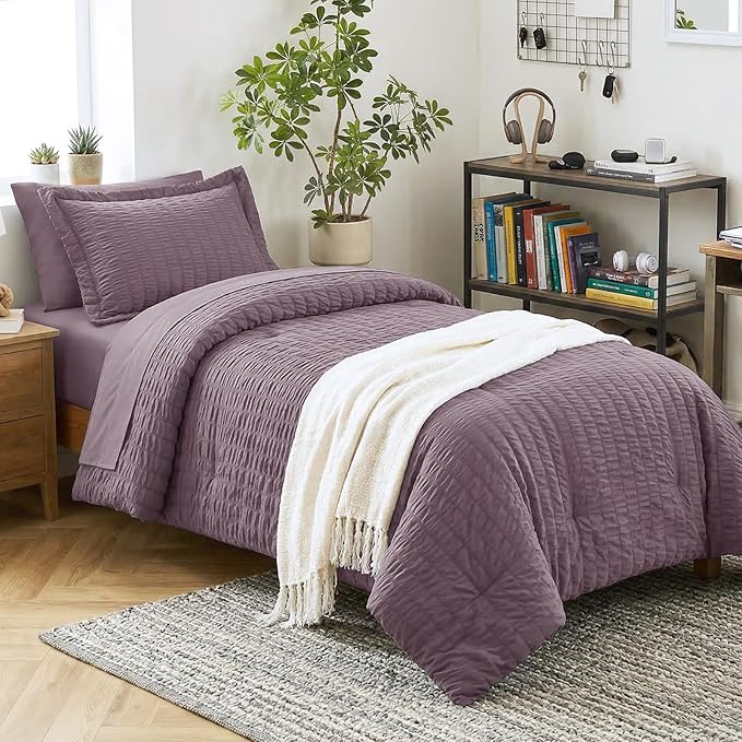 CozyLux Twin XL Comforter Set with Sheets Seersucker Dusty Purple 5 Pieces Bed in a Bag, Grayish Purple Twin Extra Long Bedding Sets College Dorm Down Alternative Comforter, Sheets, Pillowcase & Sham