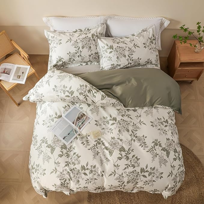 Duvet Cover Set Twin Size Floral Pattern 600 Thread Count Ultra Soft 100% Long Staple Cotton Duvet Cover Sets 3-PC, Breathable Duvet Cover with Zipper Closure & Corner Ties