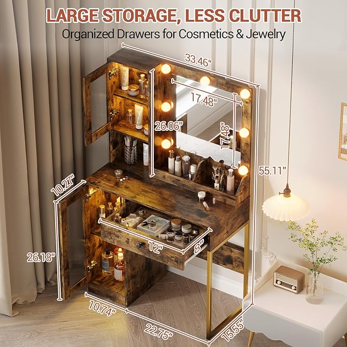IDEALHOUSE Makeup Vanity Desk with Mirror and Lights, Vanity Table with Charging Station, 2 Open Compartments, 2 Acrylic-Door Cabinets, and RGB Lights Wood Dressing Table for Bedroom