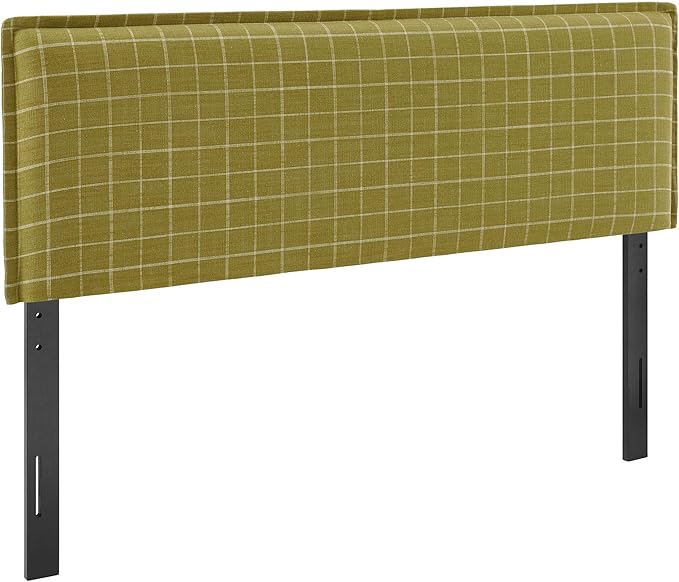 Modway Camille Queen Size Checkered Linen Blend Plaid Headboard with Removable Slipcover – in Artichoke Windowpane Check - Padded Pillow Style Headboard with Adjustable Mounting for Queen Beds