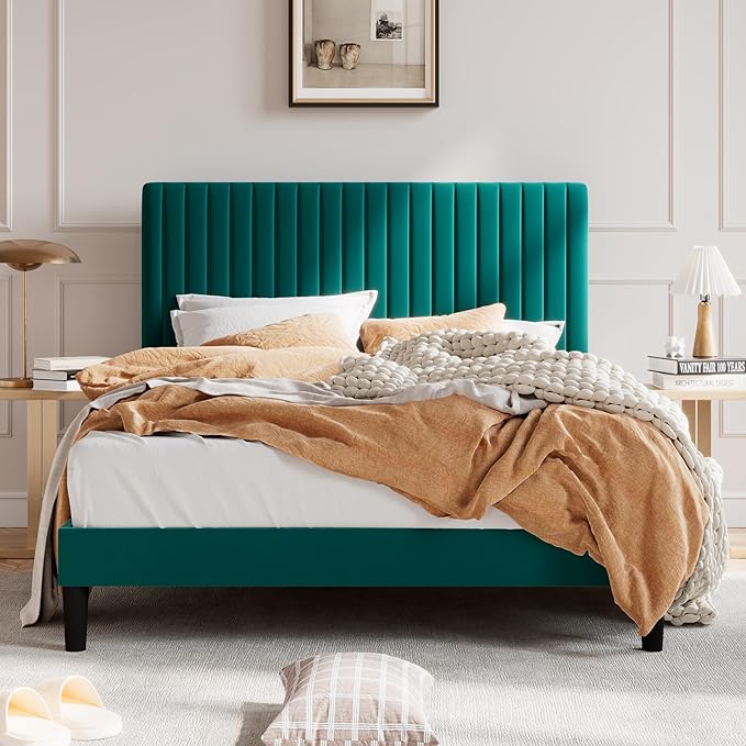 SHA CERLIN Queen Upholstered Platform Bed Frame with Vertical Channel Tufted Velvet Fabric Adjustable Headboard, Wooden Slats Support, Mattress Foundation, Box Spring Optional, Teal