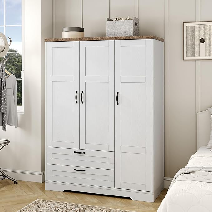 Yechen 3-Door Wooden Armoire Wardrobe Closet with Drawers and Shelves, Bedroom Armoires Closet with Mirror for Hanging Clothes, Coat, Farmhouse Wardrobe Cabinet for Large Storage Needed