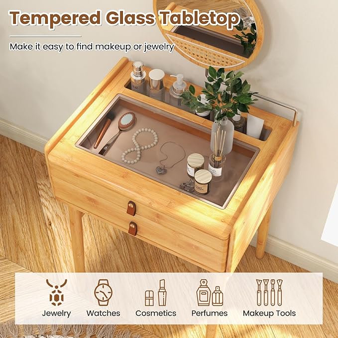 CHARMAID Makeup Vanity Table with Stool, Bamboo Vanity Desk with Rotating Mirror, 2 Drawers, Deep Storage Alcove, Tempered Glass Tabletop, Girls Dressing Table for Small Space Bedroom