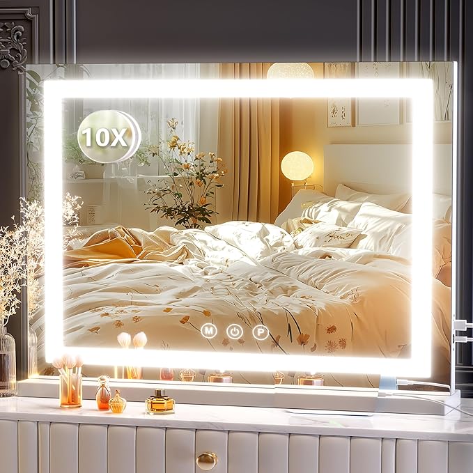 Gvnkvn Makeup Vanity Mirror with USB Charging Port 24" x 19" Large LED Makeup Mirror, Desk Mirorr with Lights, Light up Mirror with 10X Magnification and, Dimmable 3 Modes, Touch Control White