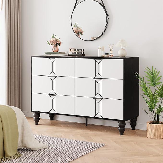 IDEALHOUSE Modern Wooden 6 Drawer Dresser with Vintage Pattern Design, Chest Dresser with Deep Drawers for Bedroom, Living Room and Entryway, Black and White