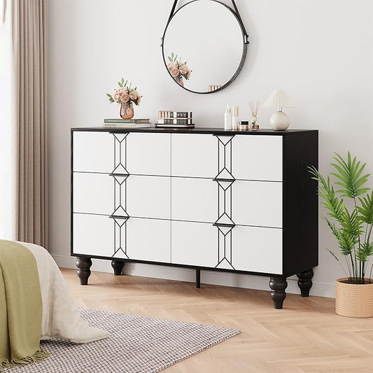 IDEALHOUSE Modern Wooden 6 Drawer Dresser with Vintage Pattern Design, Chest Dresser with Deep Drawers for Bedroom, Living Room and Entryway, Black and White