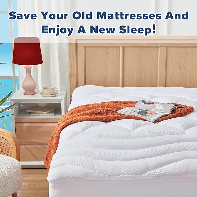 ELVEN HOME King Mattress Pad for Back & Hip Pain Relief, Pillow Top Cooling Bed Topper Quilted Fitted, Hotel Quality Deep Pocket Soft King Mattress Protector Cover Washable (78x80 inch, White)