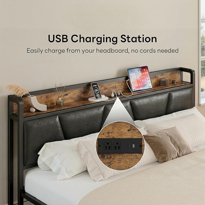 LIKIMIO Twin Bed Frame, Storage Headboard with Charging Station, Solid and Stable, Noise Free, No Box Spring Needed, Easy Assembly (Vintage and Black)
