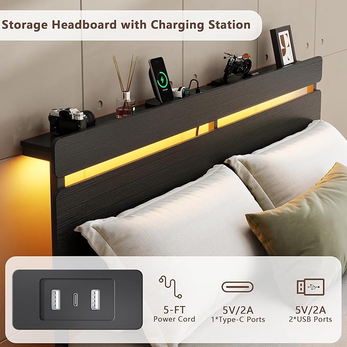 Forestell Full Size Bed Frame with Wood Headboard, Black Platform Bed with 2 Storage Drawers & Shelf, Built in Charging Station & LED Lights, Metal Support, No Box Spring Needed, Camas Full