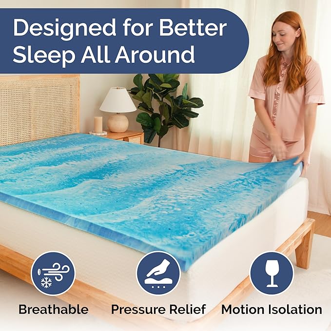 2 Inch Short Queen Memory Foam Mattress Topper - Cooling Gel Infused Bed Topper - Soft Ventilated Mattress Pad for Pressure Relief & Pain-Free Sleep - CertiPUR-US & Oeko-TEX