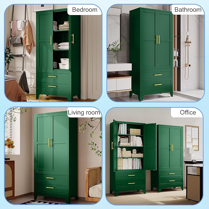 erosoei 71" H Metal Pantry Storage Cabinet,Office File Cabinets with 2 Drawers and Shelves, Kitchen Cupboard Storage Cabinet for Bedroom and Dinning Room（Green）