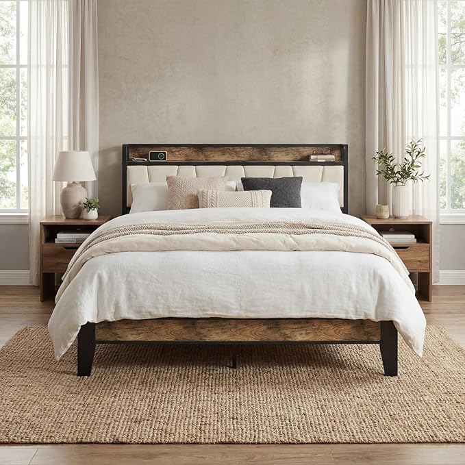 LIKIMIO Full Size Bed Frame, Storage Headboard with Charging Station, Solid and Stable, Noise Free, No Box Spring Needed, Easy Assembly (Walnut and Beige)