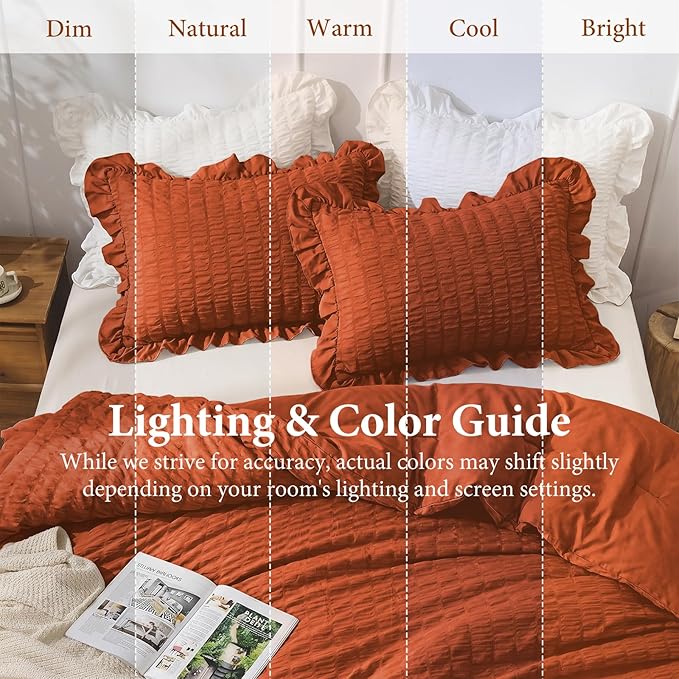 JOLLYVOGUE Burnt Orange Queen Comforter Set, 3 Pieces Seersucker Comforters Queen Size, Lightweight & Fluffy Bedding Sets Queen for All Season with 1 Ruffle Comforter and 2 Ruffle Pillowshams