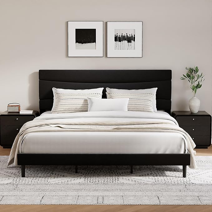 GarveeHome King Modern Upholstered Bed Frame with Soft Padded Headboard,Sturdy Metal Steel Slat Support, Noise-Free Quiet Design,Easy Assembly,Heavy Duty Stable Bed Frame(Black)