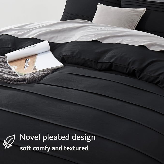 Oli Anderson Black Duvet Cover King Size - Pleated King Duvet Cover, 3PCS Soft and Breathable Textured Bedding Set with Zipper Closure(Black,104"x90")