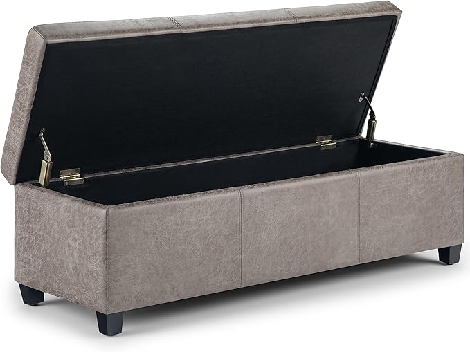 SIMPLIHOME Avalon Storage Ottoman Bench - 48" Wide x 16" High Upholstered Vegan Leather Rectangular Lift-Top Ottoman in Distressed Grey Taupe, Contemporary Bench for Living Room with High-Density Foam