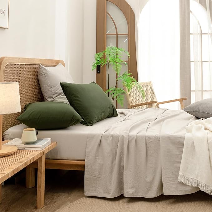 BESTOUCH 100% Washed Cotton Pillowcase for Hair and Skin Linen Feel Soft Comfortable Breathable 2 Set Pillow Case with Envelope Closure Solid Olive Green King 20x36 Inches