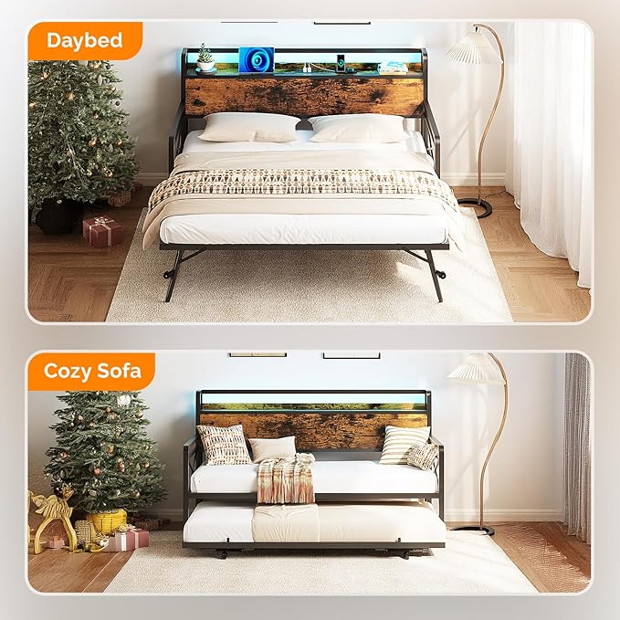 VINGLI Daybed with Trundle Twin, Metal Daybed Frame with Pop-up Trundle Bed and Charging Station,Day Bed with Wooden Storage Headboard & LED Lights, for Kids Room, Living Room, Bedroom, Brown