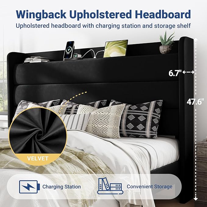 Allewie King Size Upholstered Bed Frame with Charging Station & Storage Headboard, Soft Velvet Wingback Platform Bed, Strong Wooden Slats Support, No Box Spring Needed, Easy Assembly, Black