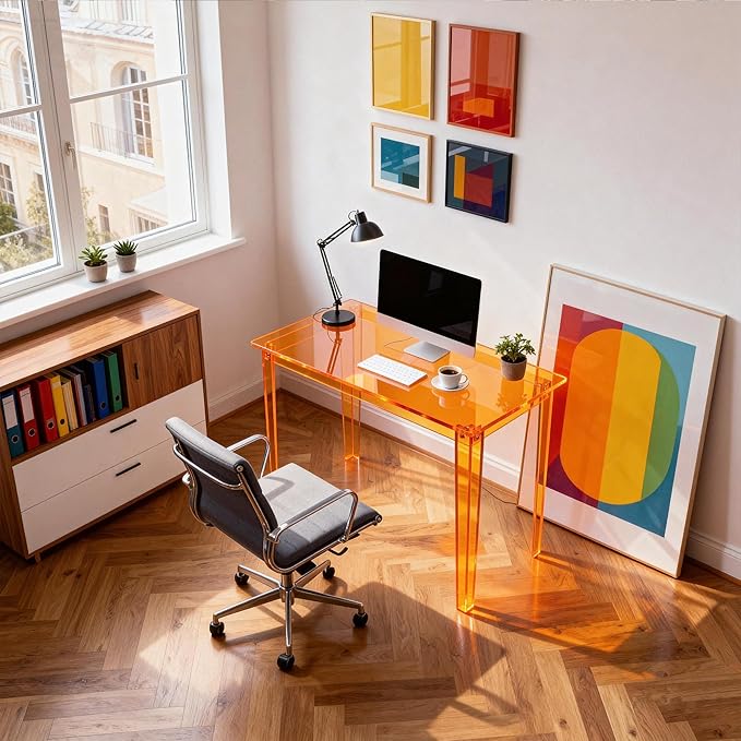Acrylic Desk, Clear Modern Writing Table for Home Office (Orange, Small)