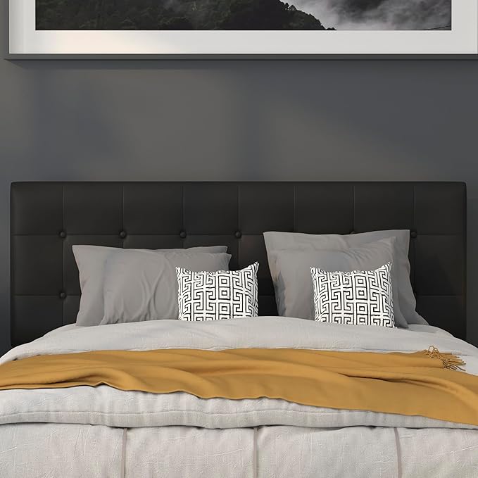 Flash Furniture Lennox Adjustable Height Button Tufted and Box Stitch Upholstered Queen Size Headboard in Black Vinyl
