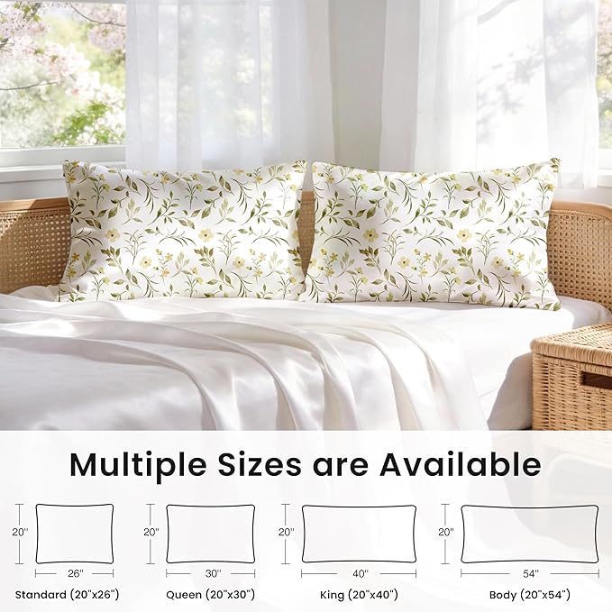 EXQ Home Satin Pillowcase for Hair and Skin Queen - Printed Yellow Sprig Silk Pillow Cases 2 Pack 20x30 inches - Satin Pillow Cases Set of 2 with Envelope Closure, Gifts for Women Men