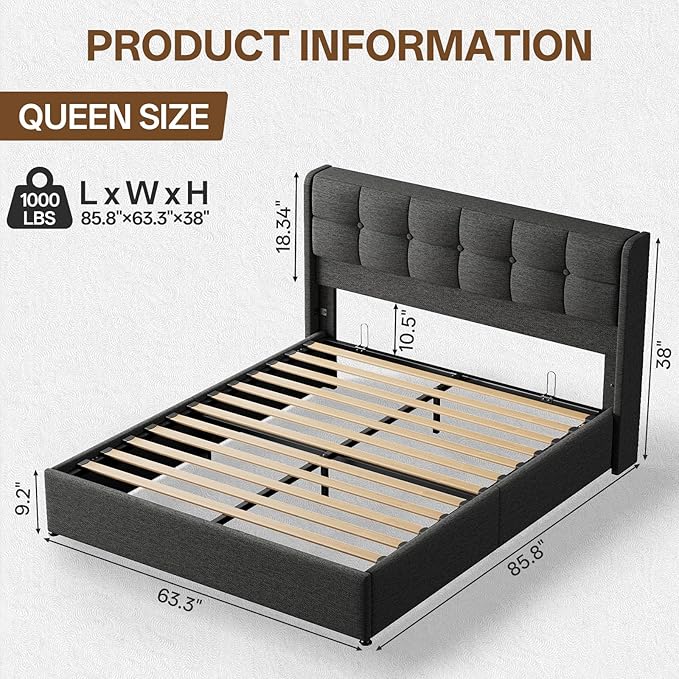 Lift Up Queen Size Bed Frame with Storage, Upholstered Queen Bed Frame with Wingback Headboard, No Box Spring Needed, Easy Assembly - Dark Grey