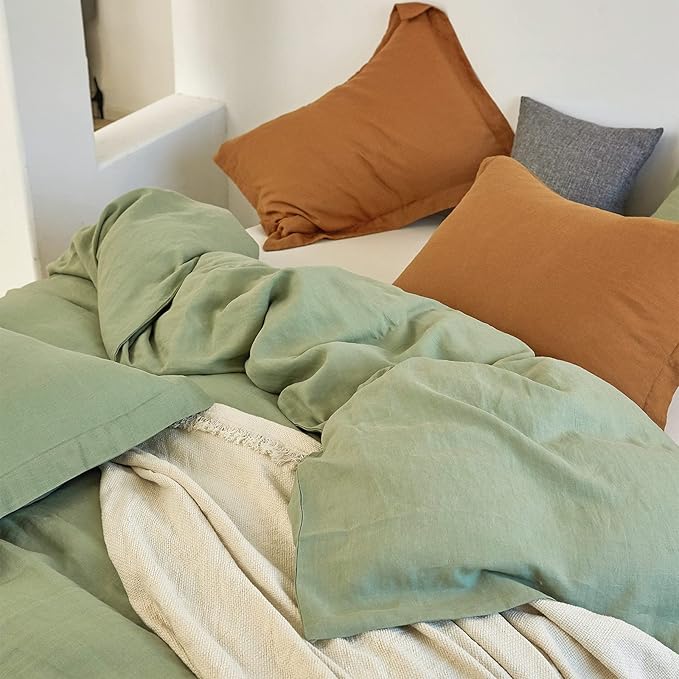 Simple&Opulence 100% Linen Duvet Cover Set 3pcs Basic Style Natural French Washed Flax Solid Color Soft Breathable Farmhouse Bedding with Button Closure - Sage Green, King
