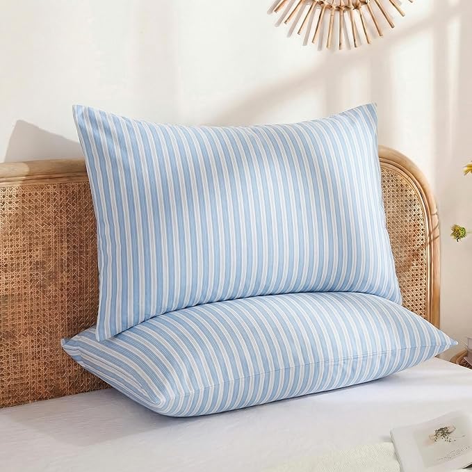 Merryword Blue and White Striped Pillowcases, 100% Cotton Pillow Cases, King Size Pillowcases, Soft Breathable Ribbon Stripe Pillow Covers, Set of 2