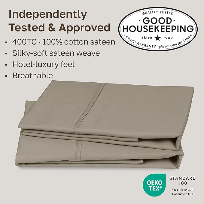 California Design Den King Size Pillowcase Set - 400 Thread Count, 100% Cotton Sateen, Set of 2 Pillow Covers, Soft and Breathable - Taupe