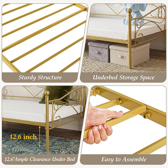 VECELO Daybed Frame, Twin Size Metal Platform Bed with Headboard,Heavy Duty Steel Slats Support for Living Room Bedroom Guest Room, Easy Assembly