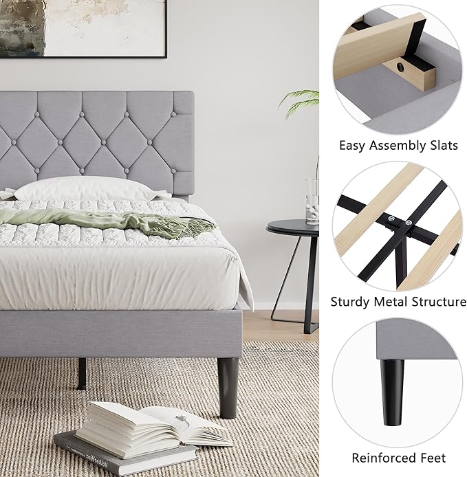 VECELO Twin Size Bed Frame with Button Tufted Headboard, Upholstered Platform Bedframe with Wood Slat Support, No Box Spring Needed, Velvet & White