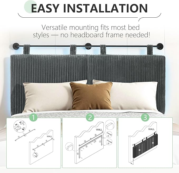 Headboard Queen Size，Modern Wall Mounted Headboards with LED Light for Bed with Upholstery Hanging Headboard for Bedroom,Featuring High-Density Sponge Padding，Grey