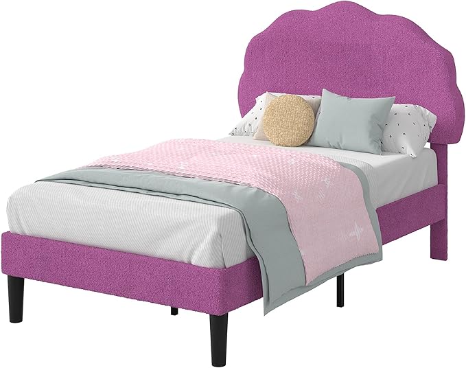 VECELO 2 Set Twin Size Bed Frame, Upholstered Platform Bedframe with Height Adjustable Plush Fabric Headboard, Strong Wood Slat Supports, No Box Spring Needed, Purple