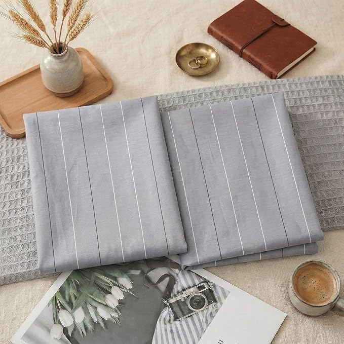 Merryword Gray Striped Pillowcases, 100% Cotton Pillow Cases, Queen Size Pillowcases, Luxury Linen Like Pillowcase, Soft Breathable Pinstripe Pillow Covers, Set of 2