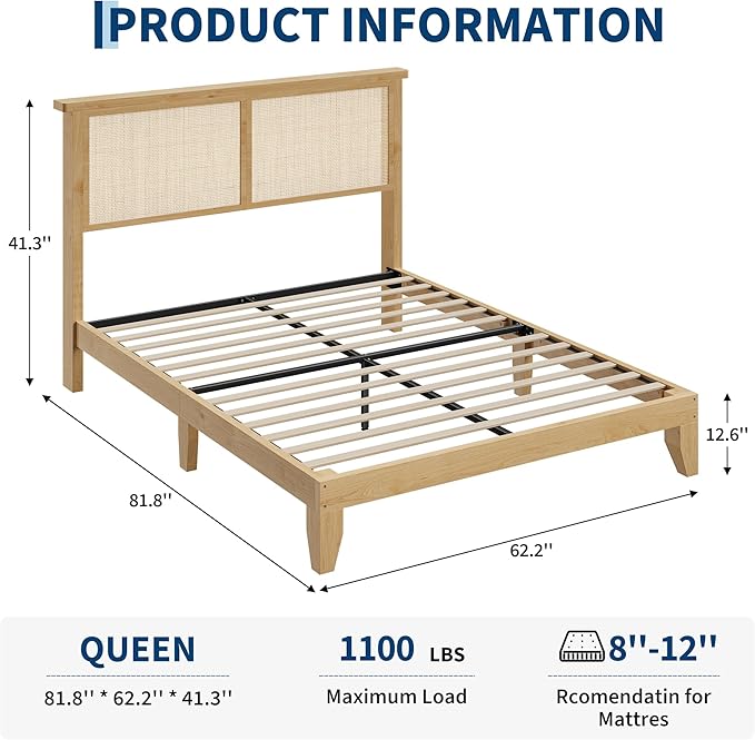 IDEALHOUSE Rattan Bed Frame Queen Size with Natural Rattan Headboard & LED Lights, Wood Queen Bed Frame with Solid Wood Foundation, No Box Spring Needed, Natural