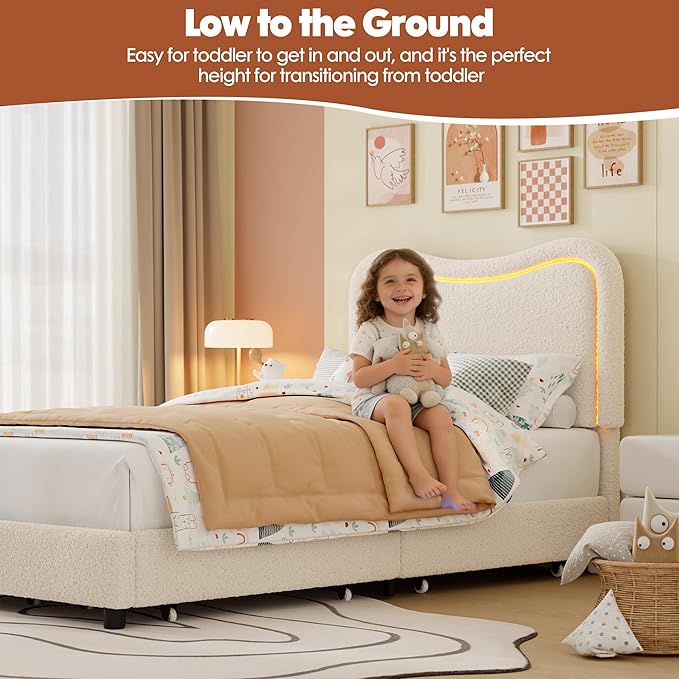 GarveeHome Upholstered LED Twin Bed Frames for Kids with 2 Drawers and Headboard, Cute Twin Bed with Storage for Girls, Boys, Sturdy Platform Bed, No Box Spring Needed, Wooden Slats, Noise Free, Beige